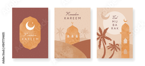 Set of minimalist Ramadan Kareem and Eid Mubarak greeting cards with mosque silhouette, crescent moon and palm trees in warm earthy tones. Vector illustration for posters, holiday banners and Islamic 