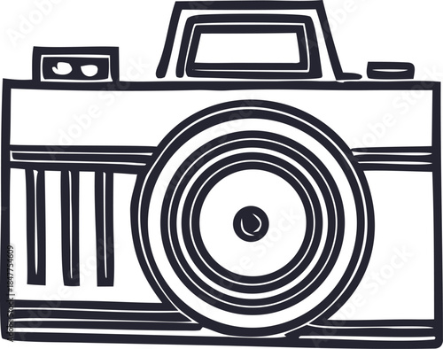 Black and white hand drawn camera with lens and viewfinder