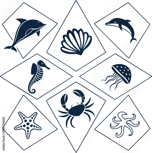 Hexagonal tiles with marine life in blue and white