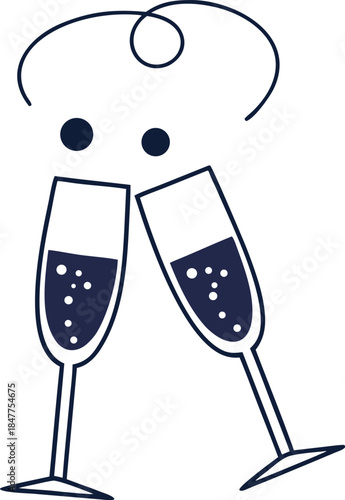 Two Blue Champagne Glasses Clinking with Bubbles and Thought Bubble Above