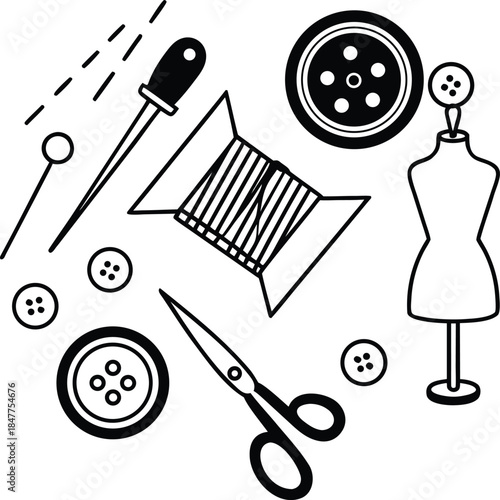 Sewing tools and dressmaking accessories in black and white scissors buttons thimble