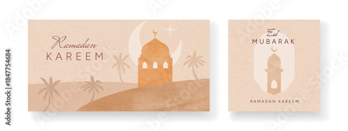 Ramadan Kareem and Eid Mubarak greeting card set with mosque, crescent moon and palm trees in soft warm colors. Islamic celebration banner and minimalist holiday poster. Vector illustration.