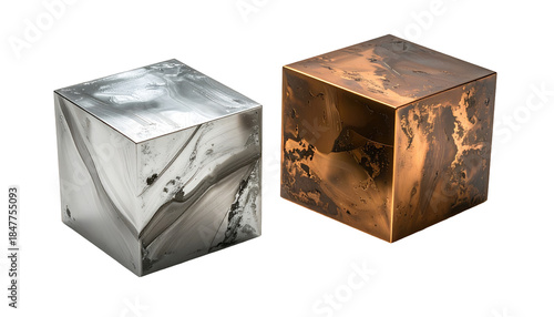 Two metallic cubes, one silver and one bronze, with swirling textures against a black background