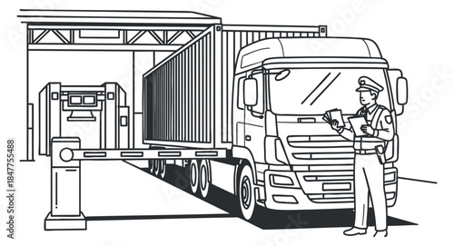 A truck with a shipping container being inspected by an officer in a linear black and white vector style, suitable for logistics and transportation themes