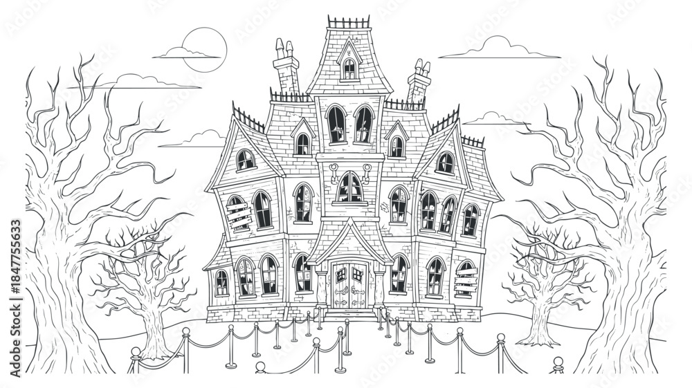 Obraz premium A spooky haunted house with gothic architecture in black and white outline vector style, perfect for Halloween-themed designs