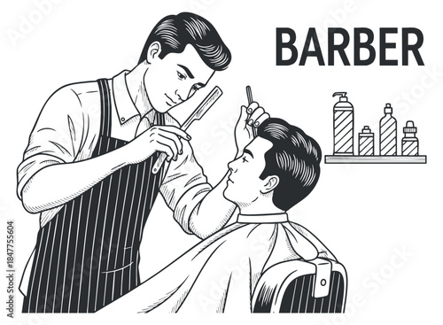 A barber styling a man's hair with scissors and comb in black and white line art illustration, suitable for barbershop branding