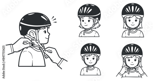 A set of illustrations showing a child adjusting a bicycle helmet in a minimalist line art style, ideal for safety education and cycling awareness