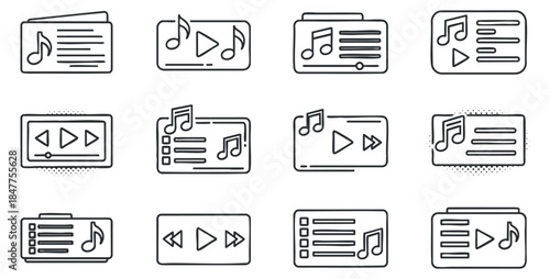 A collection of music and audio control icons in minimalist line art vector style, suitable for app and website design