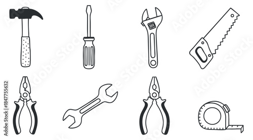 A collection of hand tools including a hammer, screwdriver, wrench, pliers, saw, and tape measure in black and white outline vector style, perfect for construction and DIY projects