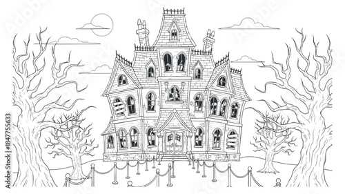 A spooky haunted house with gothic architecture in black and white outline vector style, perfect for Halloween-themed designs