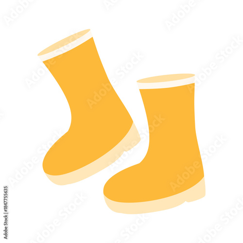 Yellow rainy boots. Autumn element. Waterproof shoe for rainy weather, gardening. Rubber boots icon. Outdoor accessories in rainy days. Flat vector illustration isolated on white background.