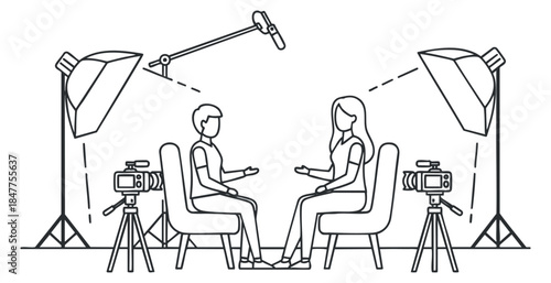 Black and white line art illustration of a video interview setup with two people talking on chairs, cameras on tripods, studio lights and boom microphone.