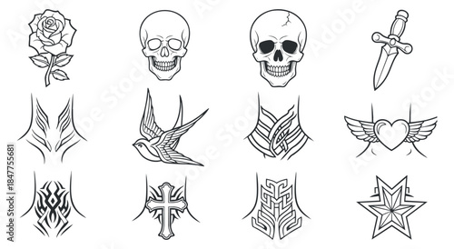 A collection of tattoo designs featuring roses, skulls, swords, and tribal elements in black outline vector style, perfect for body art inspiration