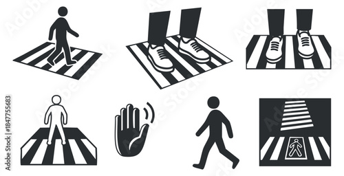 A collection of pedestrian crosswalk icons in black and white minimalist vector style, ideal for traffic safety signage and urban design