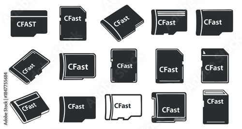A set of CFast memory card icons in black and white vector style, ideal for technology and electronics designs