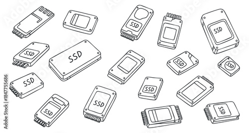 A set of various SSDs in flat outline vector style, suitable for technology-related designs and digital graphics