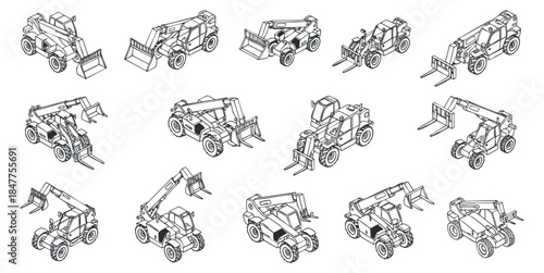 A set of construction vehicles including excavators, bulldozers, and trucks in outline vector style, ideal for engineering projects and illustrations