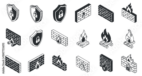A collection of fire and security icons featuring shields, flames, and brick walls in a minimalist black and white vector style, ideal for safety and protection themes