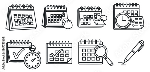 A set of calendar icons featuring dates, reminders, checklists, and a clock in minimalist black and white vector style, suitable for planning and organization projects