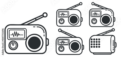 A set of vintage radio illustrations in black and white outline vector style, perfect for music and technology-themed designs