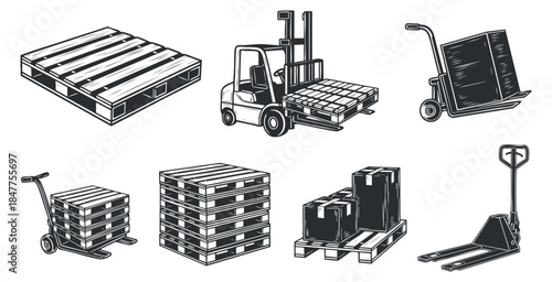 A collection of warehouse equipment including a forklift, hand truck, pallets, and stacked boxes in black and white outline vector style, suitable for logistics and supply chain projects