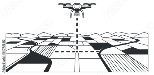 A drone flying over a patchwork landscape of farmland in black and white geometric vector style, ideal for agricultural technology concepts
