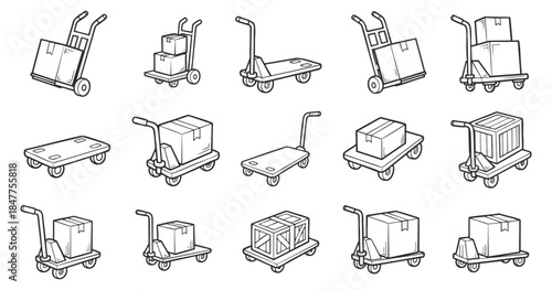 A collection of hand trucks, carts, and pallets with boxes in a clean outline vector style, ideal for logistics and delivery projects