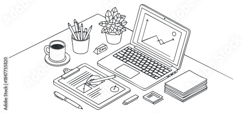 A minimalist outline illustration of a workspace featuring a laptop, coffee cup, plant, and stationery, ideal for business and productivity themes
