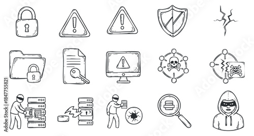 A collection of cybersecurity icons including locks, warning signs, shields, and malware symbols in a minimalist outline vector style, ideal for tech-related projects and digital security themes