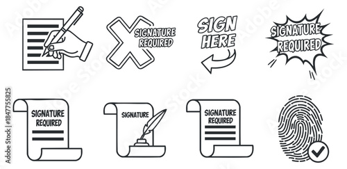 A collection of signature-related icons including a hand signing, text elements, and a fingerprint in clean black and white vector style, ideal for legal documents and agreements