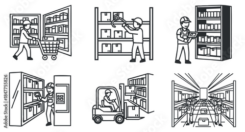 A collection of warehouse and logistics icons in outline vector style, suitable for industry and management themes