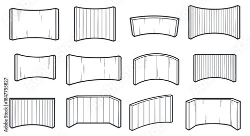 A collection of curved and straight wooden benches in outline minimalist vector style, ideal for furniture design and architectural projects