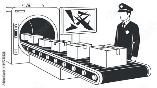 A security inspection system with a conveyor belt and a police officer monitoring packages in minimalist black and white vector style, ideal for transportation safety branding