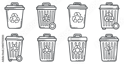 A set of outline vector icons depicting various types of trash bins and recycling containers in minimalist style, suitable for environmental awareness projects