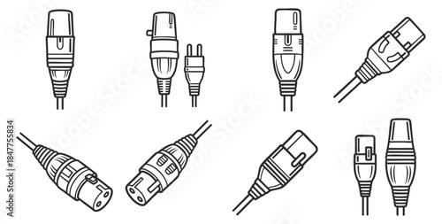 A collection of various audio and visual connectors and cables in minimalist outline vector style, suitable for technical illustrations and design projects