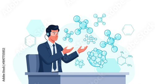 Interactive virtual science experience with molecules display and scientific exploration concept