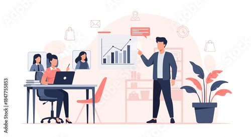 Interactive virtual meeting presentation with growth chart and engagement display