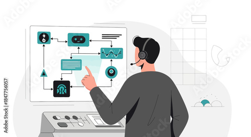 Man wearing headset interacting with complex digital interface showcasing automated processes and