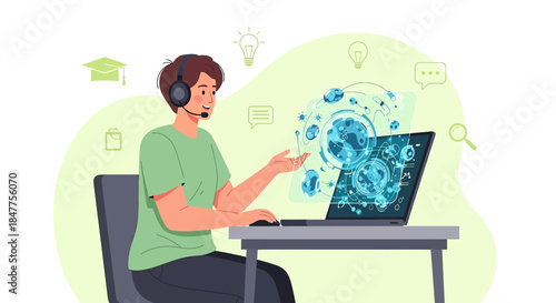 Man with headset providing online learning or virtual assistance with digital screen technology