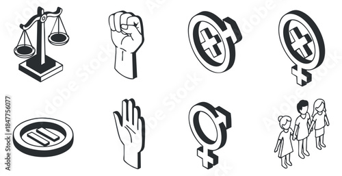 A collection of feminist and justice icons including scales, fists, and gender symbols in a minimalist vector style, ideal for activism and social justice projects