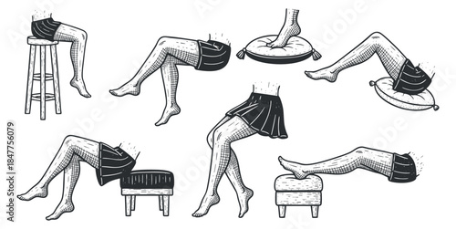 A collection of illustrated legs in various stylish poses with different furniture elements in black and white vector style, ideal for fashion and lifestyle branding