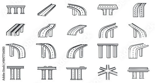 A collection of road and bridge elements in black and white geometric vector style, ideal for urban planning and construction projects