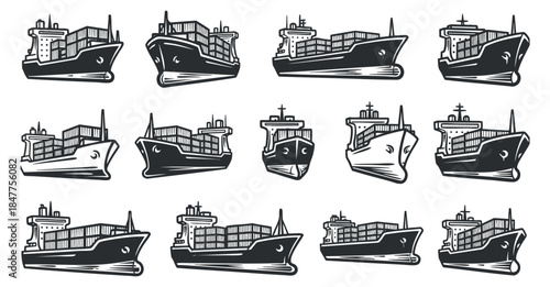 A collection of various cargo ships and vessels in black and white outline vector style, suitable for maritime and shipping industry projects