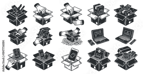 A collection of unboxing illustrations featuring hands opening various boxes containing electronics and gadgets in black and white vector style, ideal for e-commerce and packaging projects