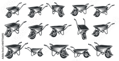 A collection of detailed wheelbarrow illustrations in black and white outline vector style, suitable for gardening and construction themes