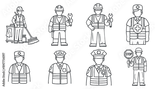 A set of diverse worker icons including healthcare, police, construction, and maintenance in clean black and white outline vector style, suitable for safety and community projects