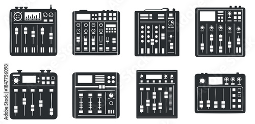 A collection of various audio mixers and sound control interfaces in flat black and white vector style, ideal for music production and technology projects