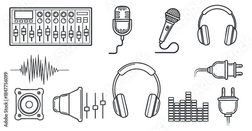 A collection of audio equipment icons including microphones, headphones, mixing console, speakers, and sound wave in minimalist vector style, perfect for music production and technology projects
