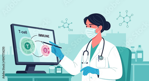Medical professional explaining T-cell and B-cell function for immunity illustration