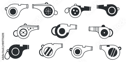 A set of ten whistle icons in black and white minimalist vector style, ideal for sports and coaching materials